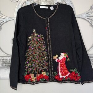 Vintage Marisa Christina Christmas Cardigan XL Black Beaded Embroidered Santa